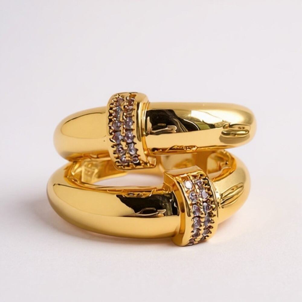 Gold Ring Solanales Sz 6 CZ Boho Size Art Deco Chunky Pave Sculptural Bypass Y2K
